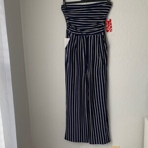 NWT Heart Hips Navy/White Striped Strampless Wide Leg Jumpsuit Size L